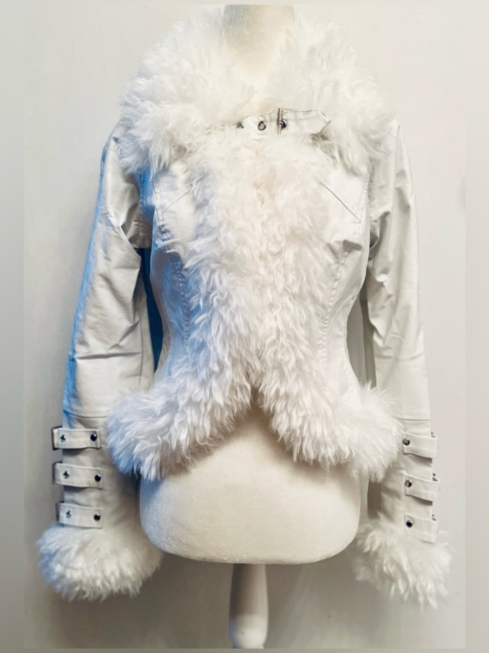 Dolls Kill white faux fur trim buckle dolman jacket size XXS